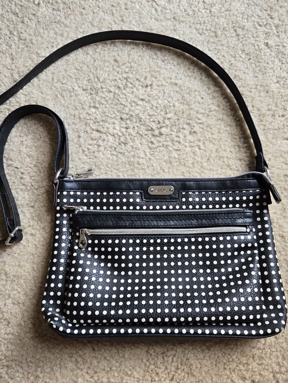 RELIC Black & White Polka Dot Crossbody Bag Faux Leather Purse Strap Zipper